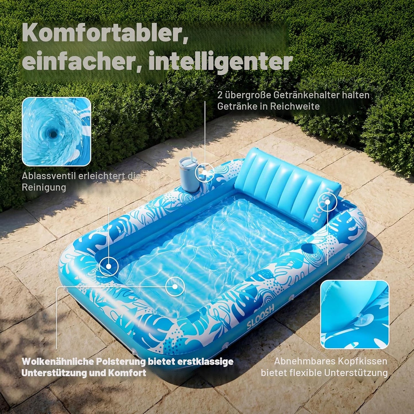 Aufblasbarer 4-in-1 Sonnenliegepool mit Kissen und Getränkehalter, Blau L