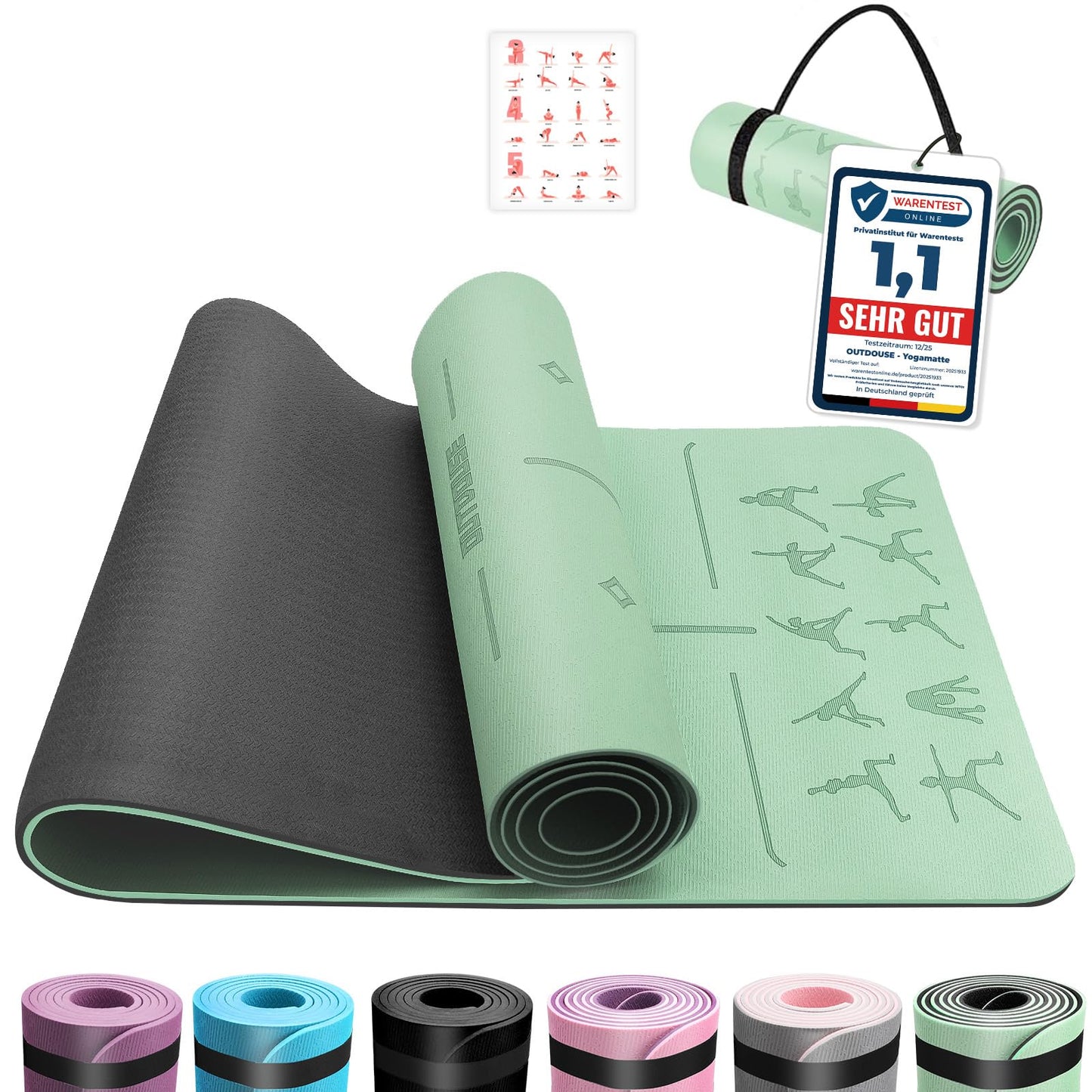 TPE Yoga- und Fitnessmatte mit Ausrichtungslinien, tiefgrün und schwarz 183x61x0.6cm
