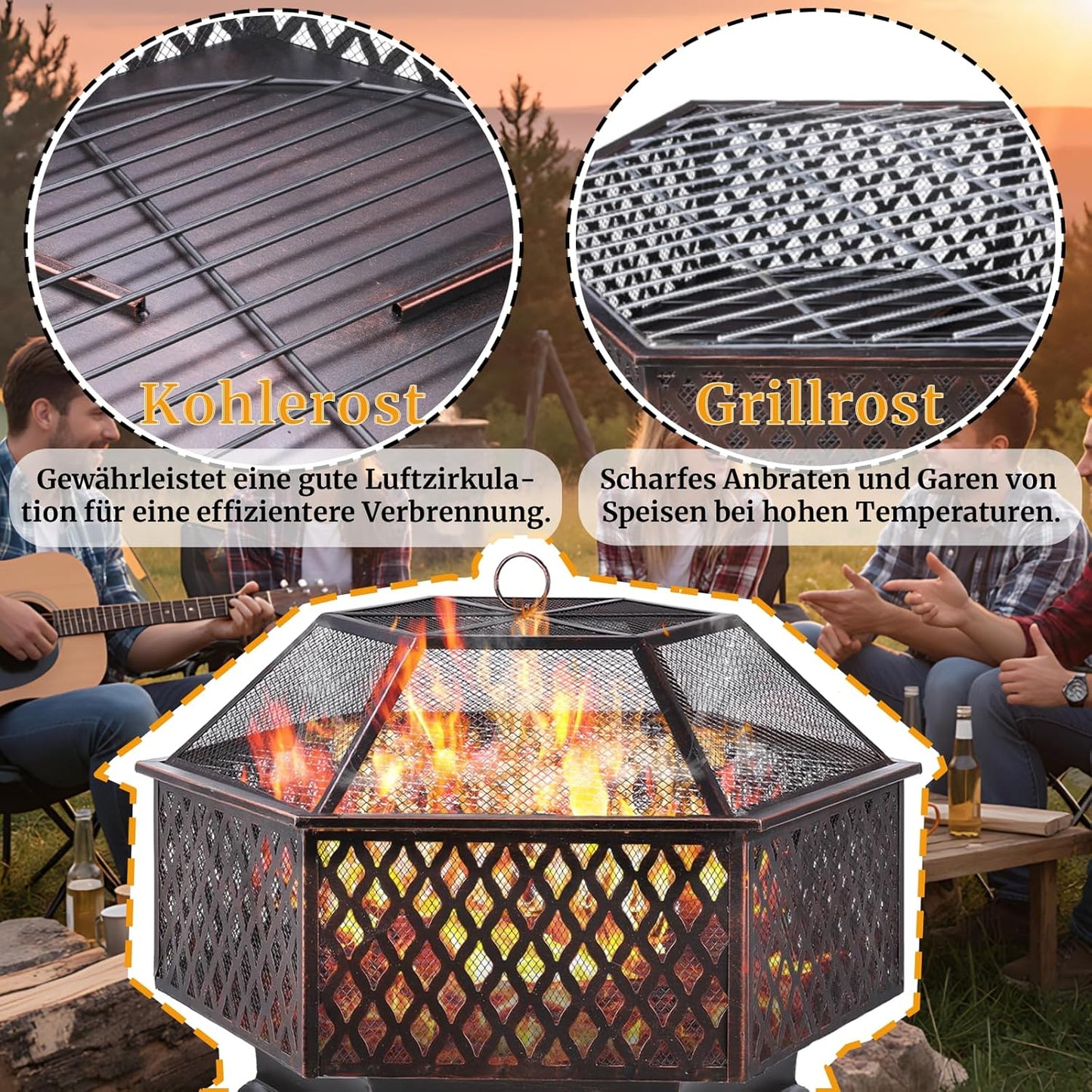 Feuerschale mit Funkenschutz und Grillrost, 28Zoll - 71x71x63 cm