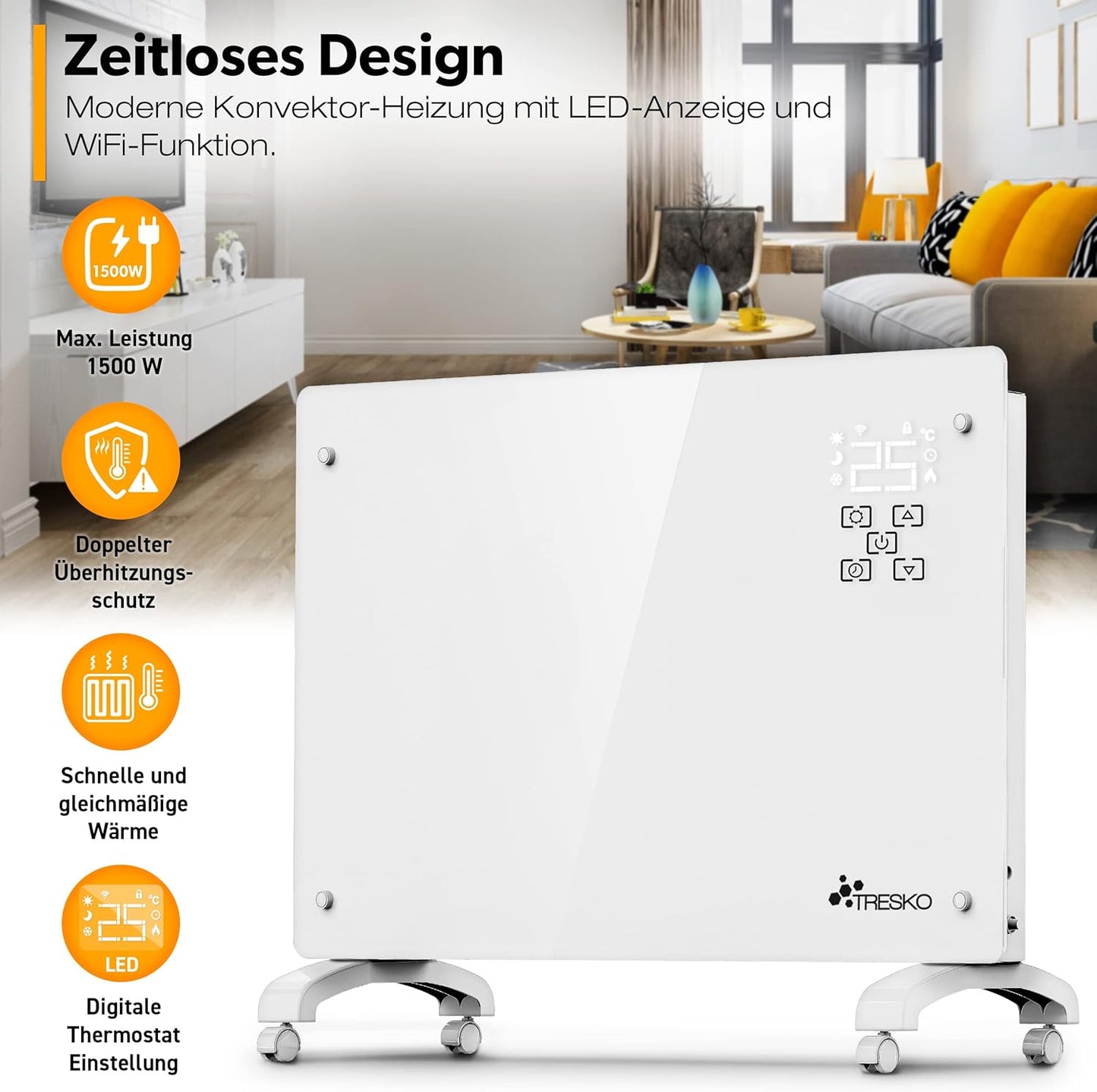 Glaskonvektor, 1500W, Weiss / 1500 Watt