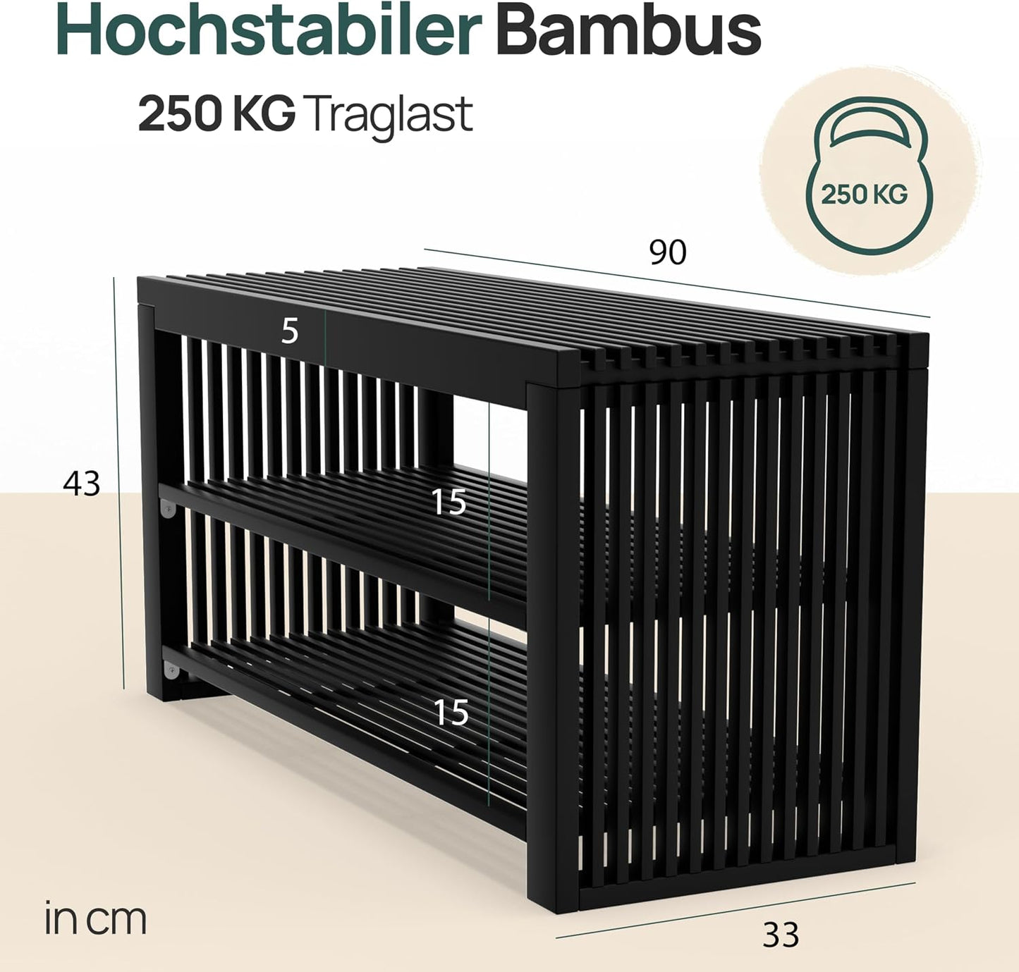 Schuhbank mit Sitzbank und Schuhablage, Schwarz Lang mit Schuhablage