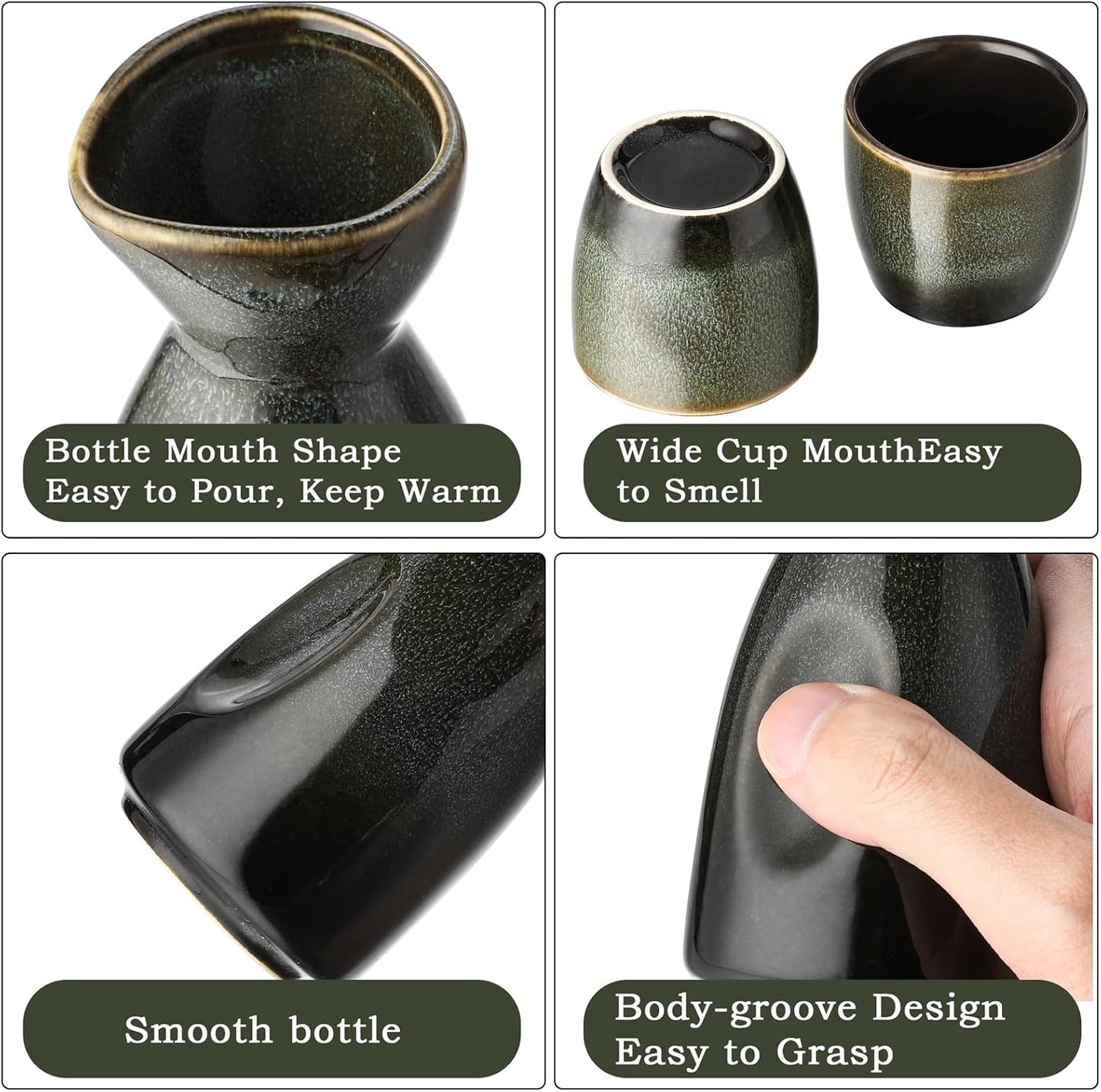 Sake-Set mit 4 Bechern und Wärmer, Grün Schwarz