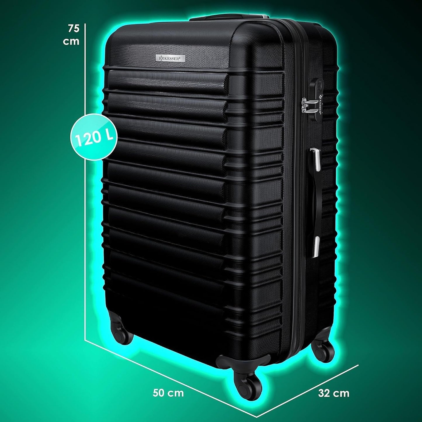 Reisekoffer mit Zahlenschloss und Kofferwaage, Schwarz / 75cm – 120L