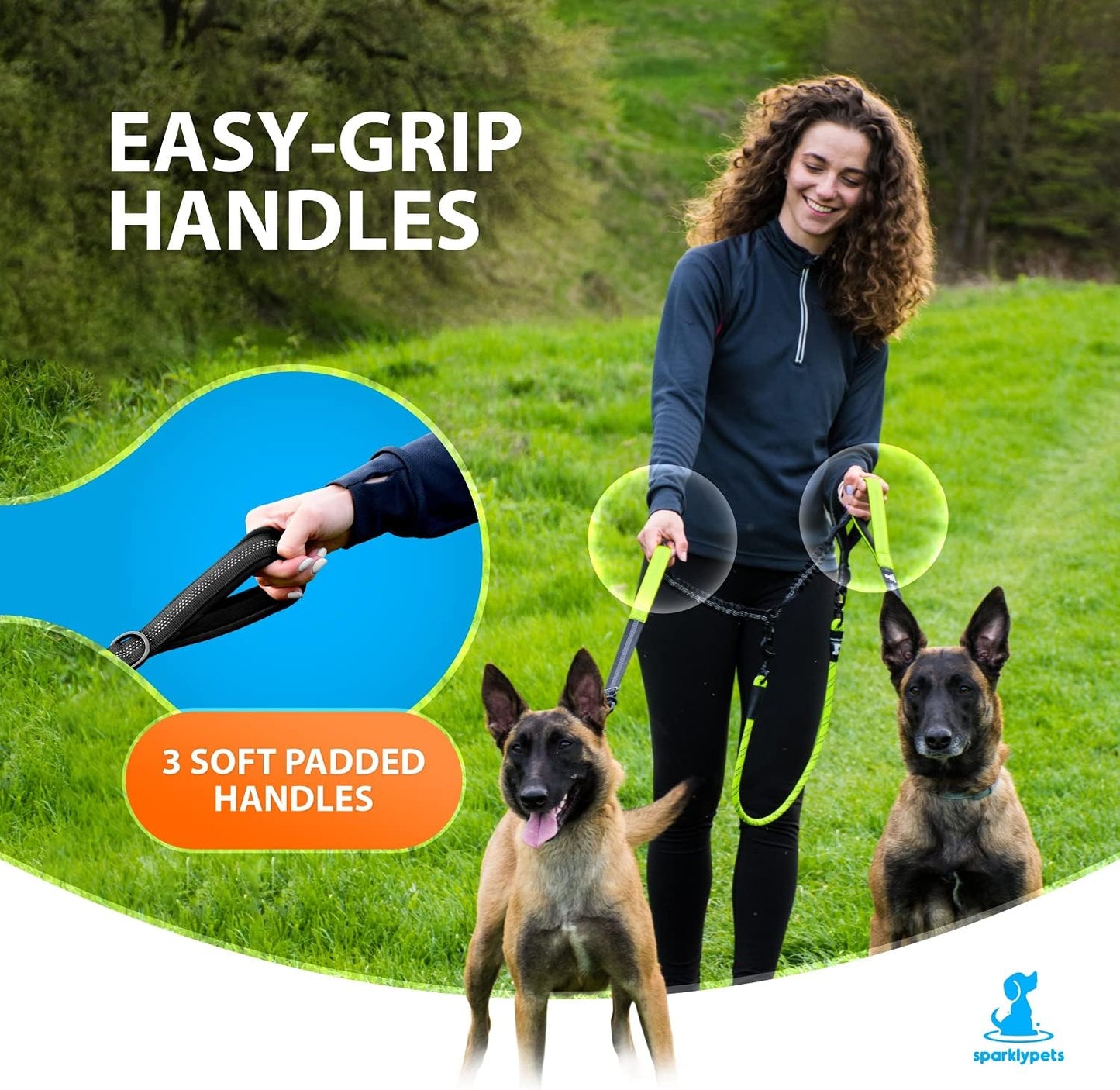 Hundeleine für 2 Hunde mit Bungee Ruckdämpfer, 165 cm lang, Grün, Für 2 mittelgrosse/grosse Hunde
