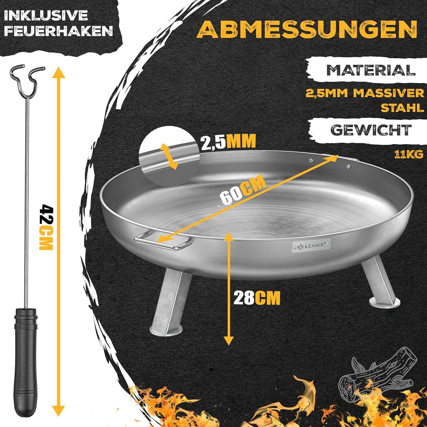 Feuerschale mit Feuerhaken und Wasserablauf, edelstahl Rund Ø 60 cm