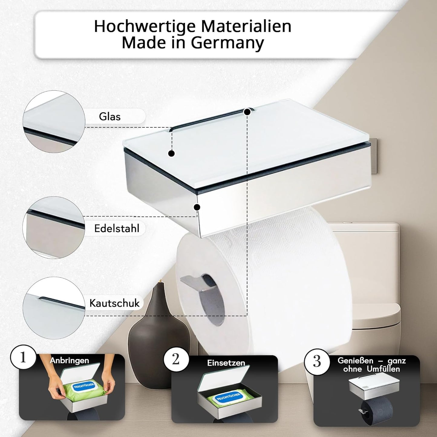 Toilettenpapier- und Feuchttuchhalter, Gehäuse Poliert - Abdeckung Glas Weiss