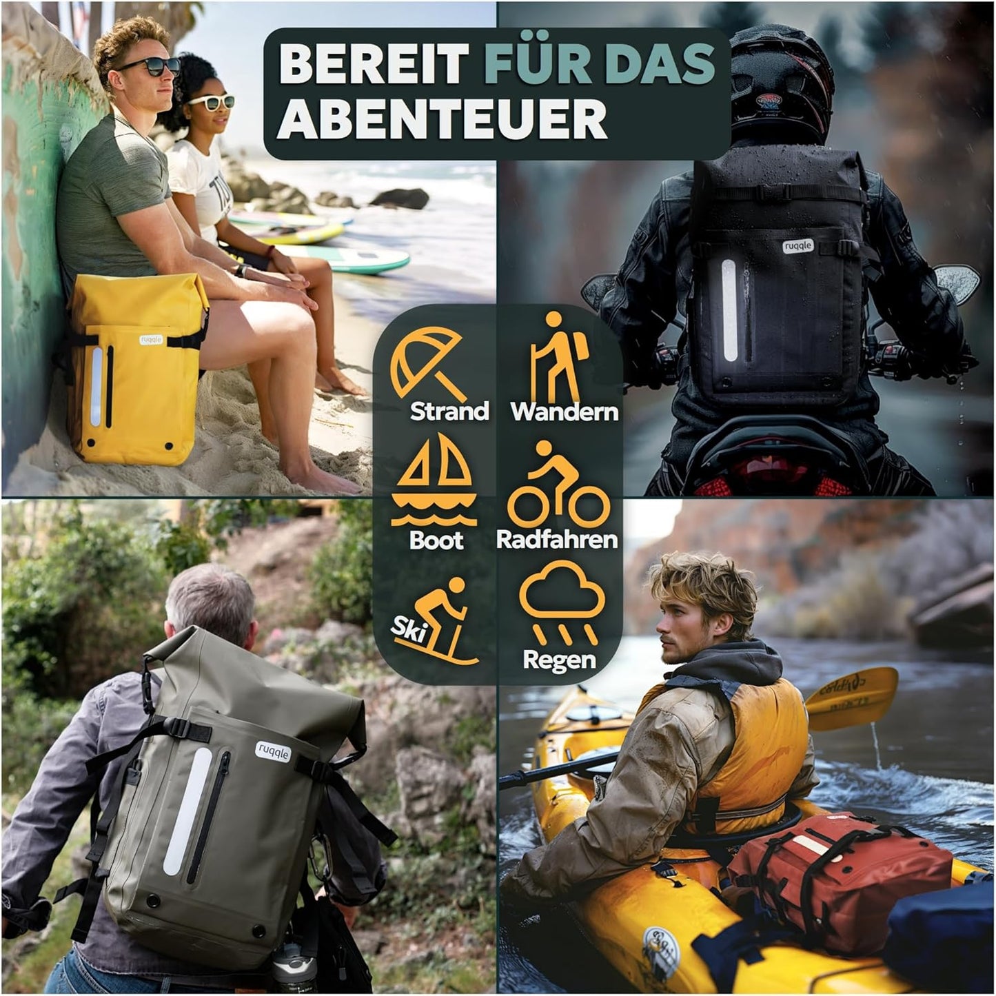 Wasserdichter Rolltop-Rucksack für Outdoor-Aktivitäten, 30 Liter Gelb