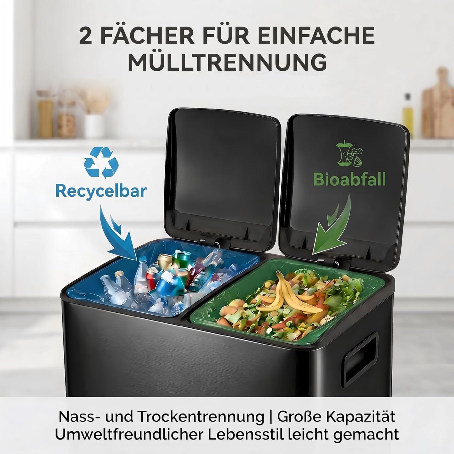 Treteimer mit Mülltrennsystem, Schwarz 48L