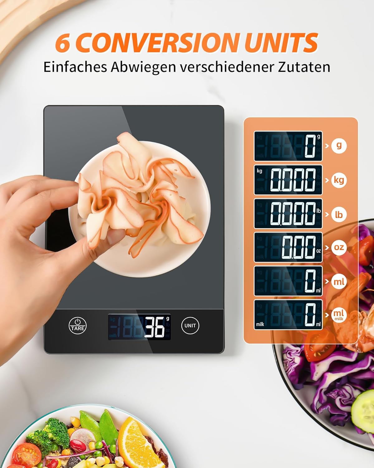 Digitale Küchenwaage K211H mit LCD-Display und Tara-Funktion, Glas Grau