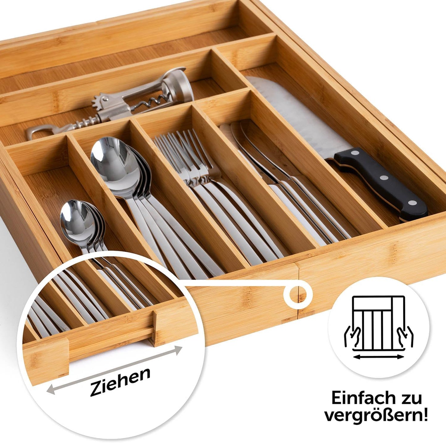 Bambus-Besteckkasten, Flexibel Groß - 7 bis 9 Fächer