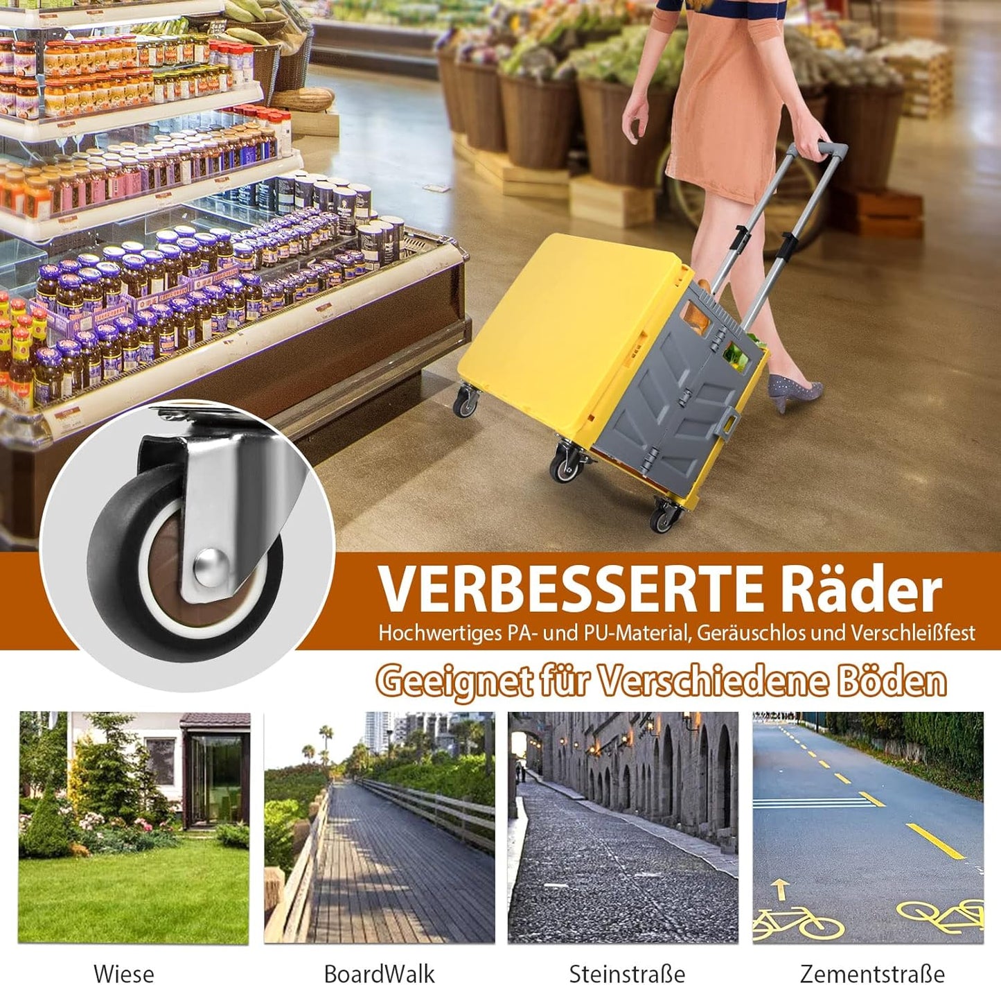 Klappbarer Einkaufstrolley mit Schnappdeckel, Gelb Grau
