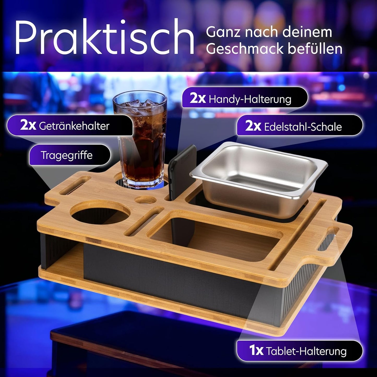 Couchbar mit Leuchteffekt, Schalen,Handy- & Getränkehalter