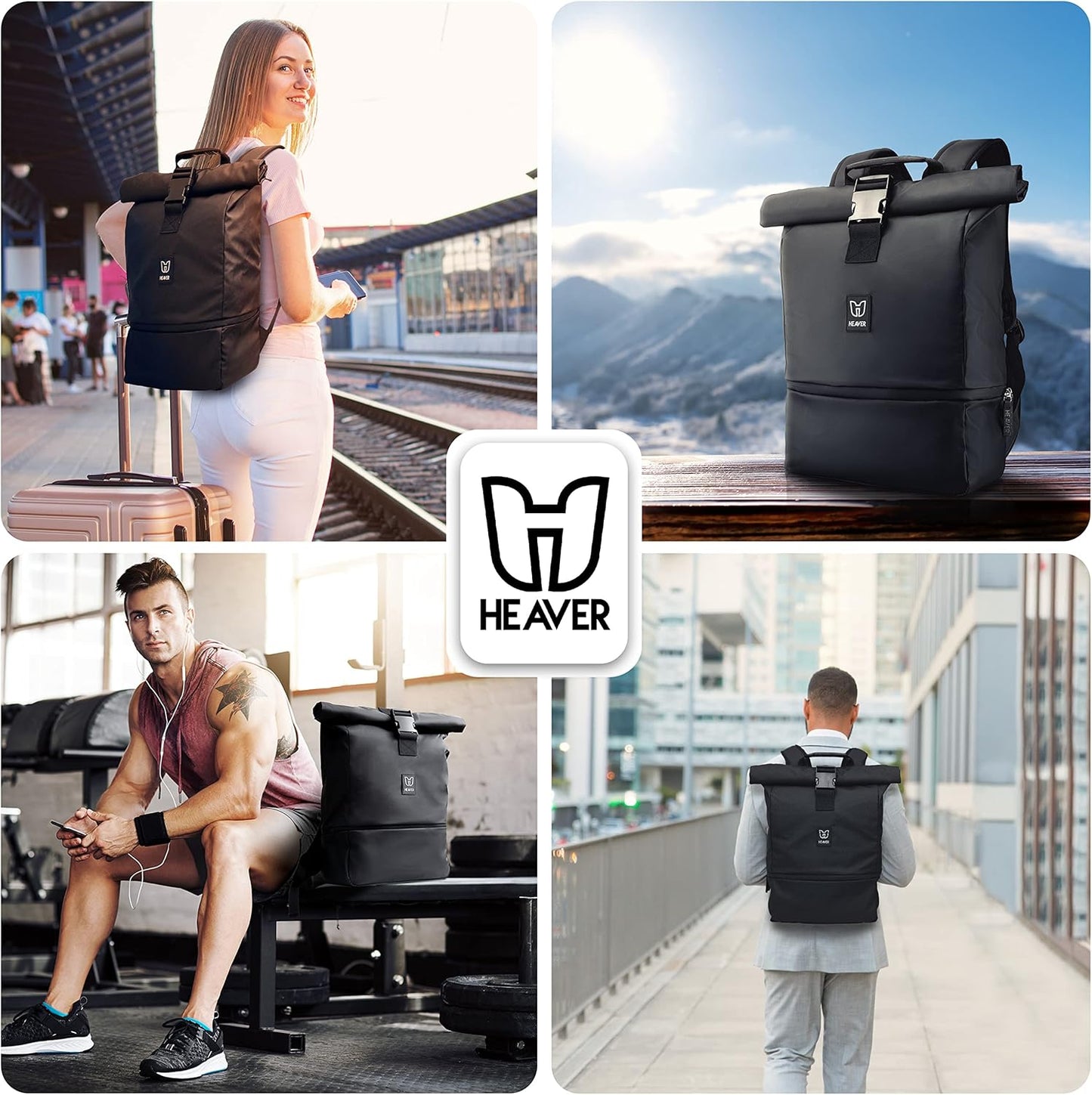 Rolltop Rucksack mit Laptopfach, Schwarz