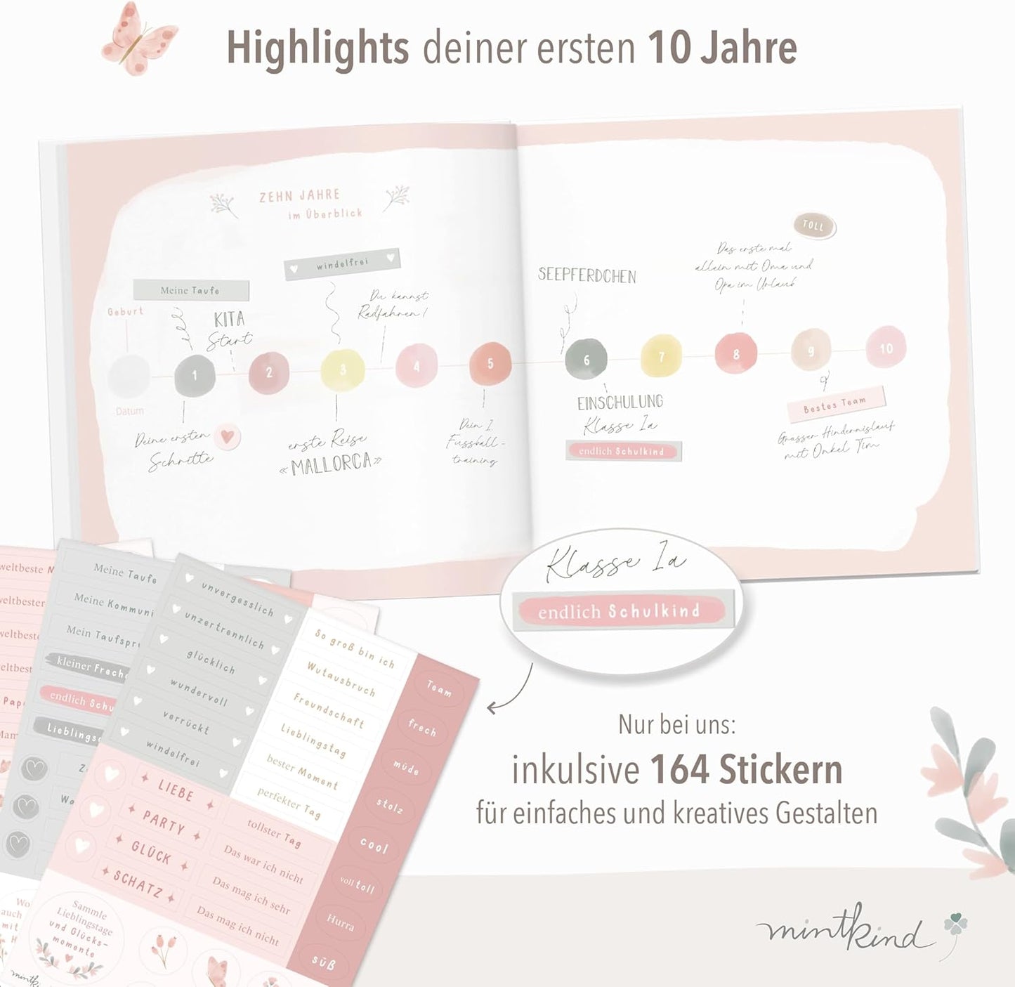 "Meine Kindheit" Erinnerungsalbum für die ersten 10 Jahre, mit Stickerset, Blumen