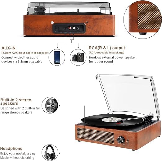 Vintage Vinyl Plattenspieler mit Bluetooth und Lautsprechern, Orange