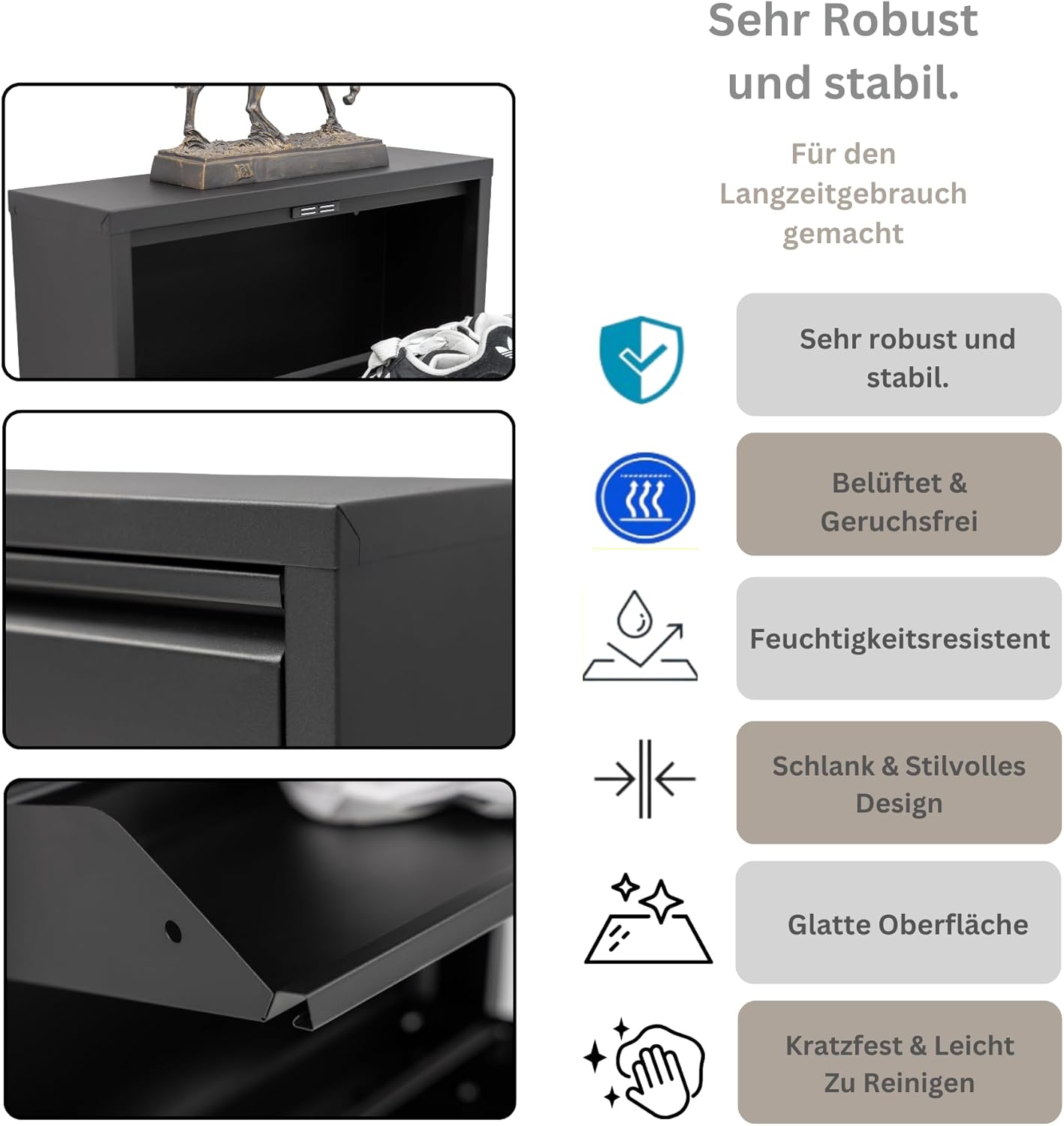 Schmaler Metall-Schuhschrank mit Magnetklappen, 2 Klappen Schwarz