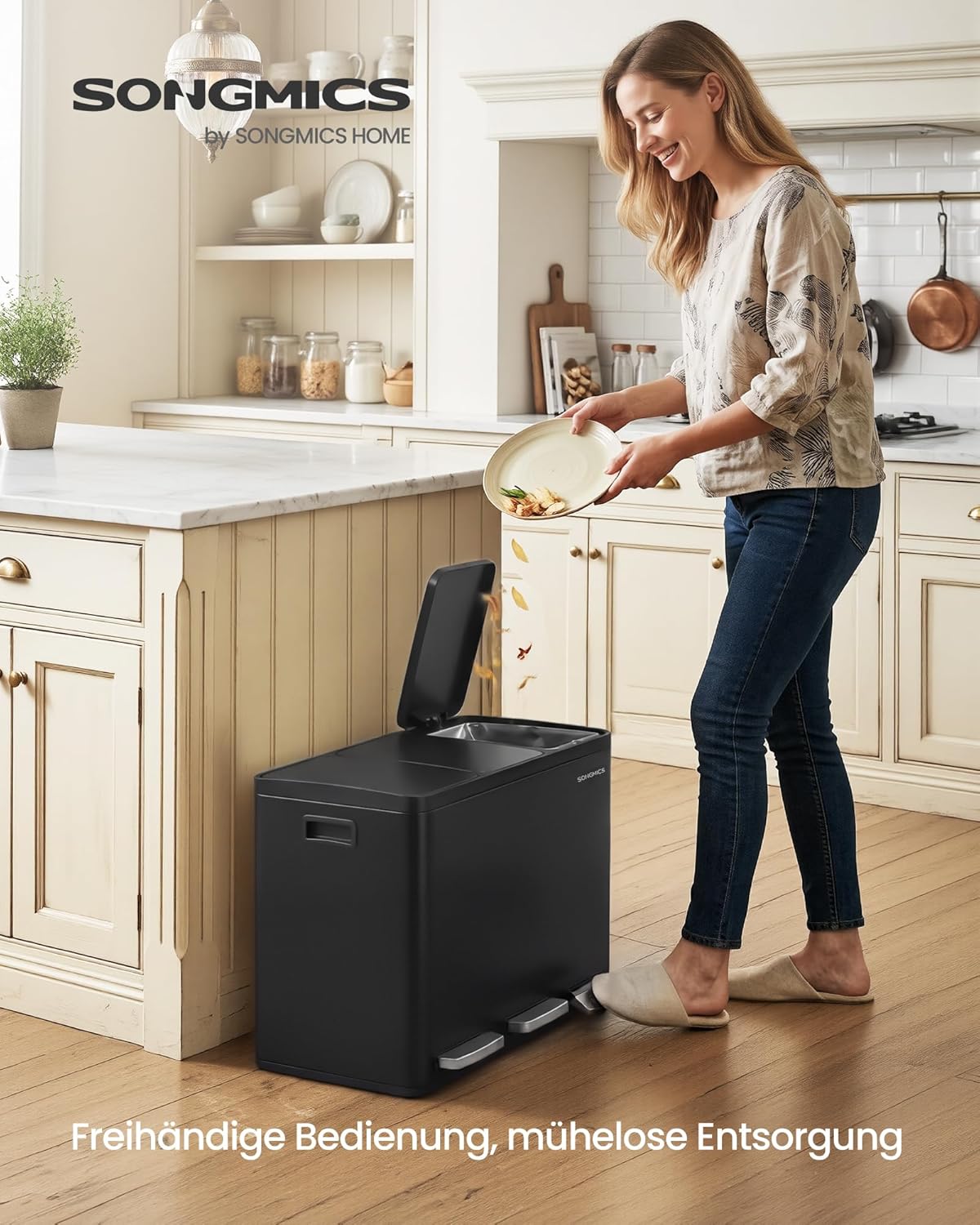 Mülltrennsystem mit Tretmechanismus, 3 x 15 L, LTB145BZ02, schwarz 3 x 15 L
