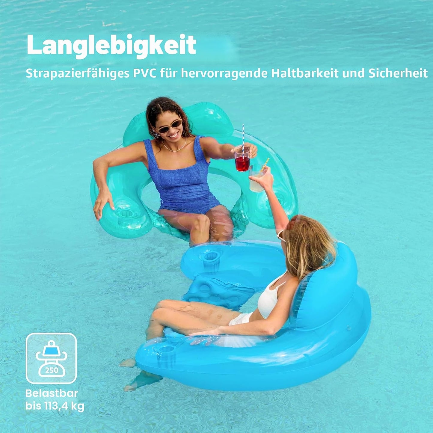 Aufblasbare Pool-Flösse mit Getränkehaltern, 2er-Set, Reine Farbe, Blau, Grün