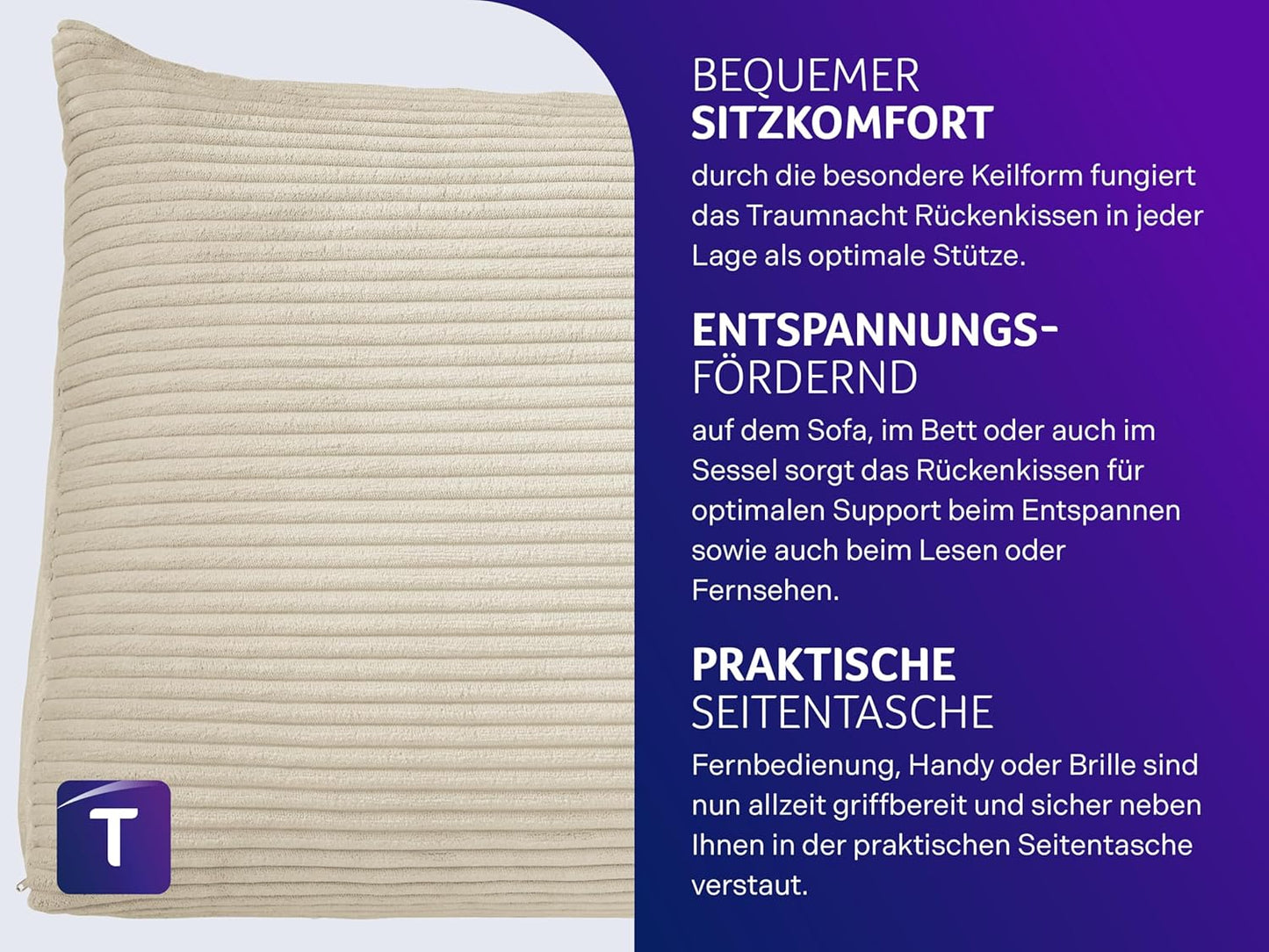Cozy Rückenkissen mit abnehmbarem Bezug und Seitentasche, Beige Kord (100% Polyester)