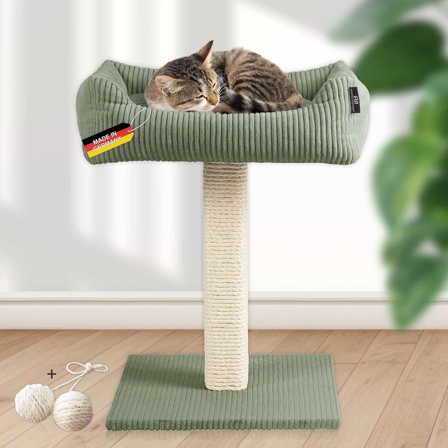 Kleiner Katzenbaum mit Kratzstamm aus Holz, Cordstoff breit salbei