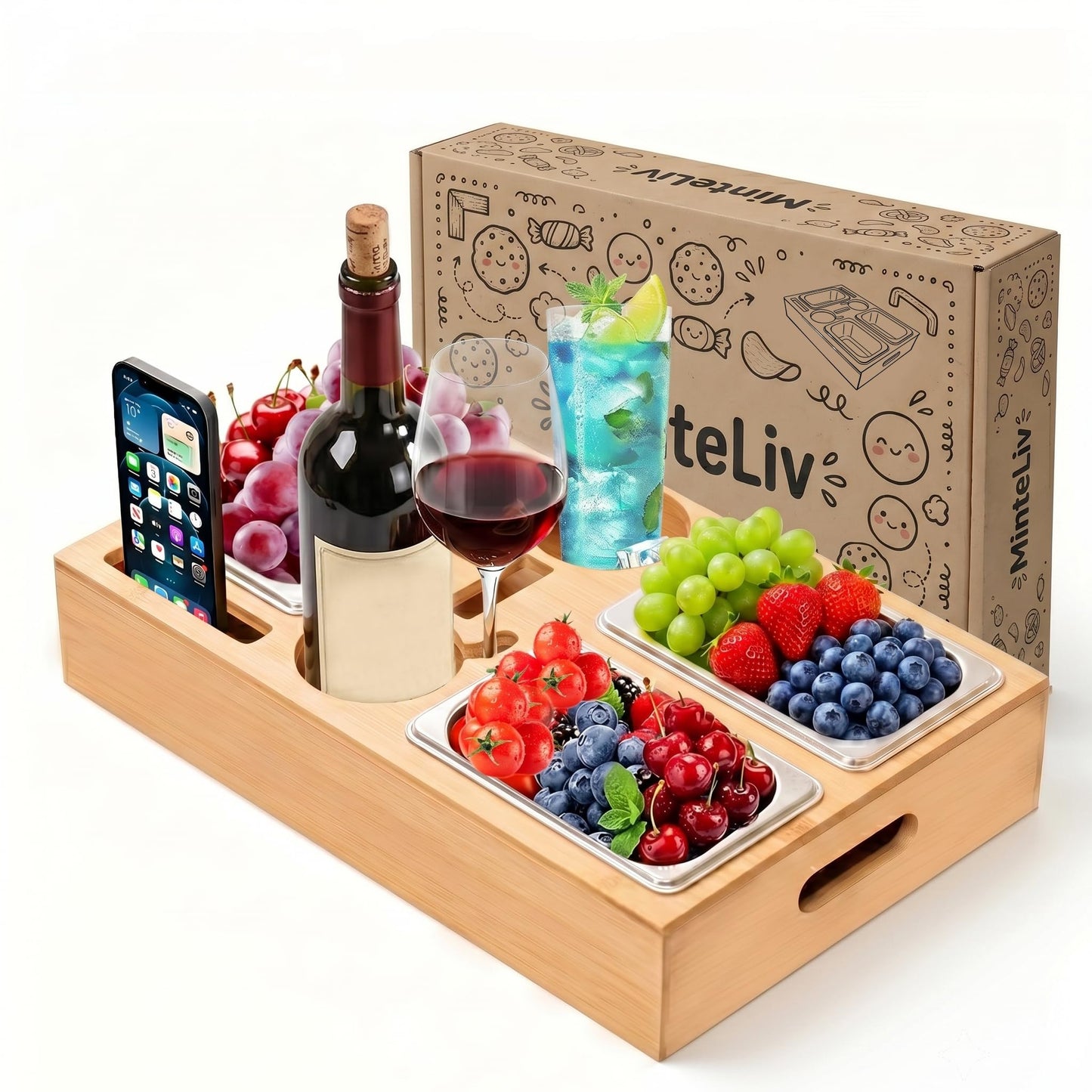 Snackbox-Sofa-Tablett mit Wein- und Snackhaltern, Bambus 40 x 26 x 8 cm mit 3 Edelstahl-Schalen