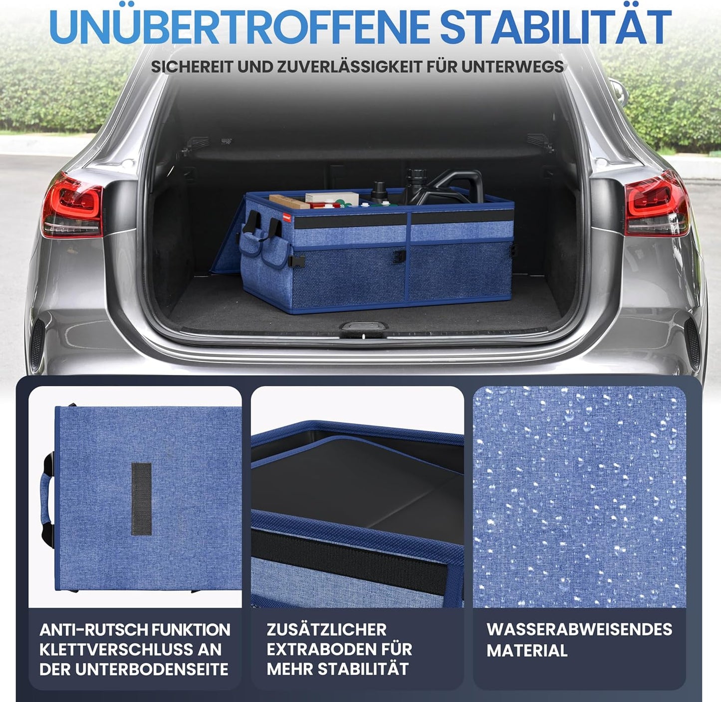 Faltbarer Kofferraum-Organizer mit Deckel, Blau mit Dunkelblauem Saum