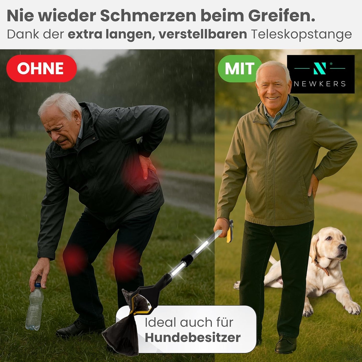 Teleskop Greifzange für Senioren mit 360° Drehkopf, Schwarz