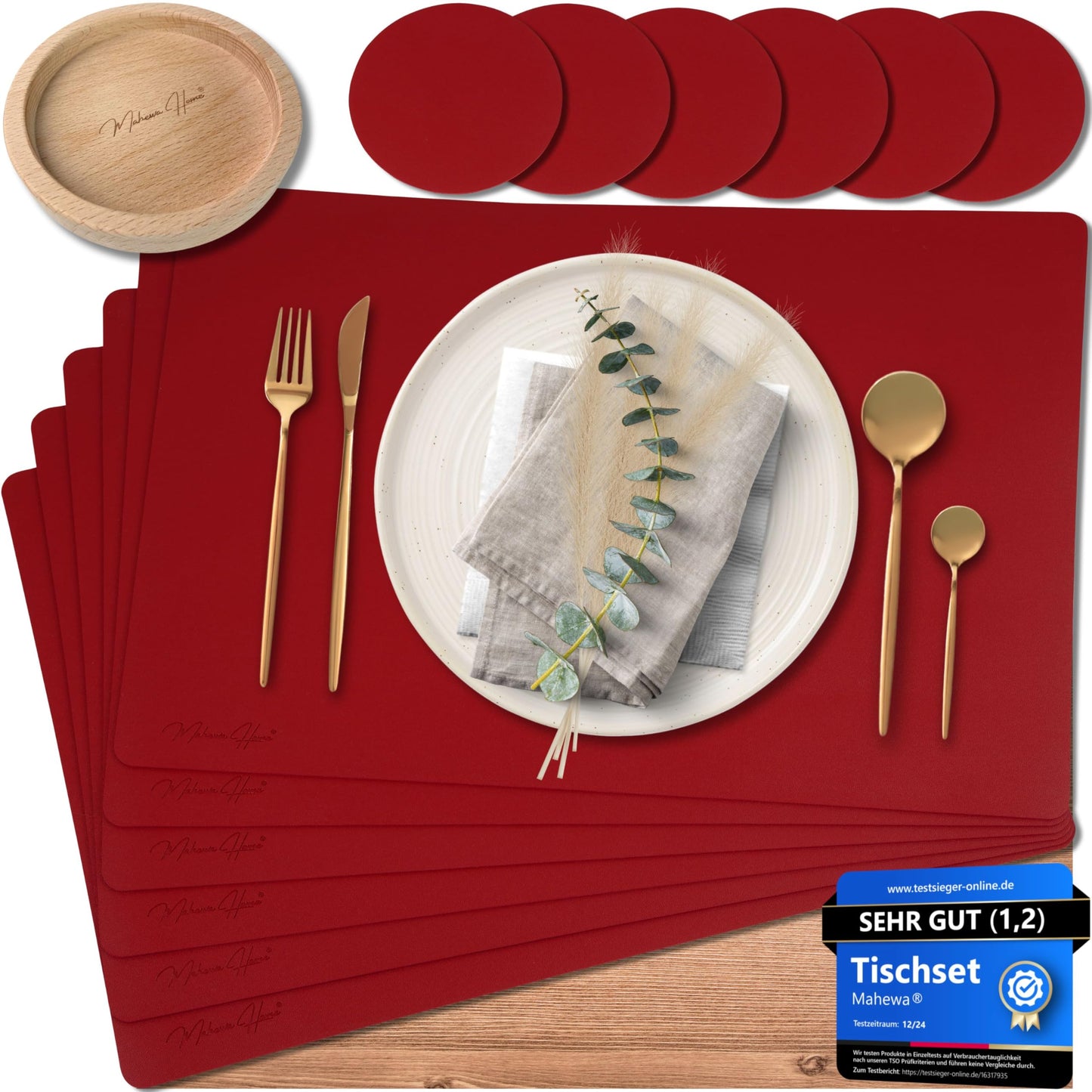 6er-Set Tischset, abwaschbar, Bordeaux Eckig mit Halter