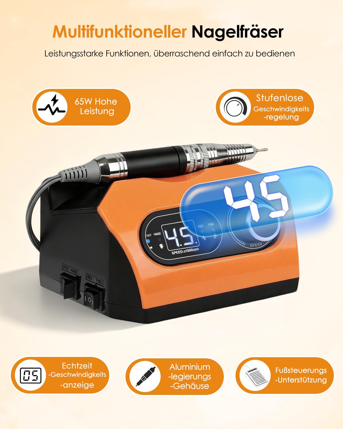 Elektrische Nagelfräse 35.000 U/min mit Fusspedal, Orange