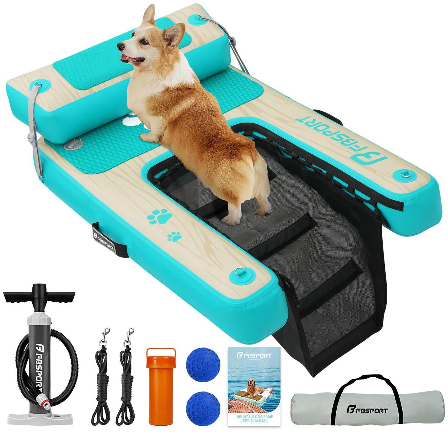 Aufblasbare Wasserrampe für Hunde, Seeblau Beige