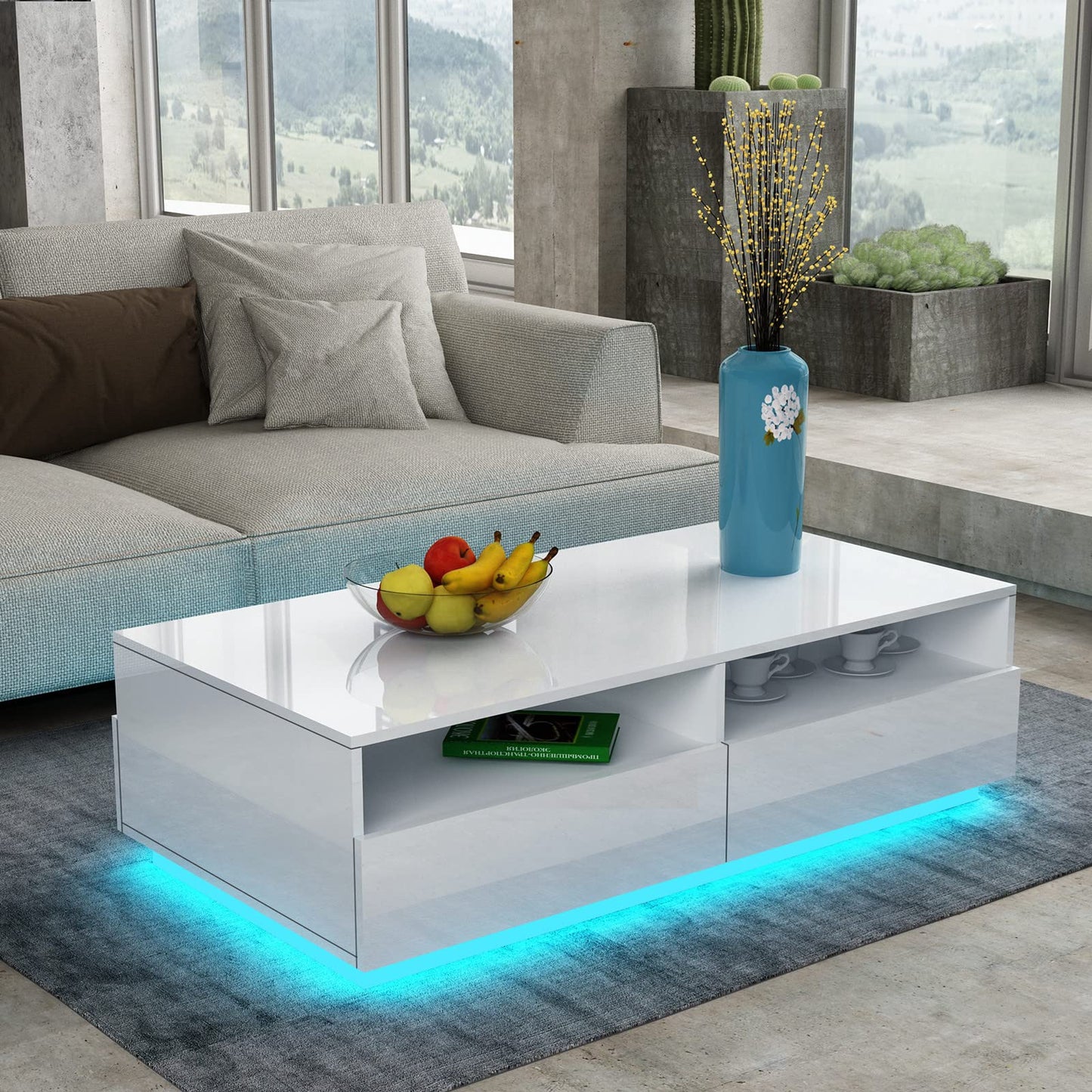 LED-Couchtisch mit Stauraum und 4 Schubladen, Weiss+led