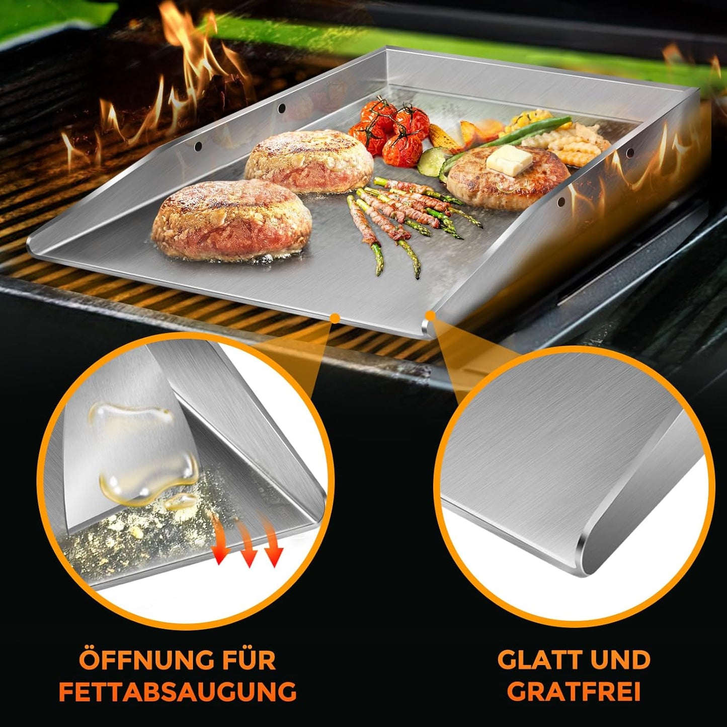 Grillplatte Plancha mit Grillspachtel-Set, Drei Kanten