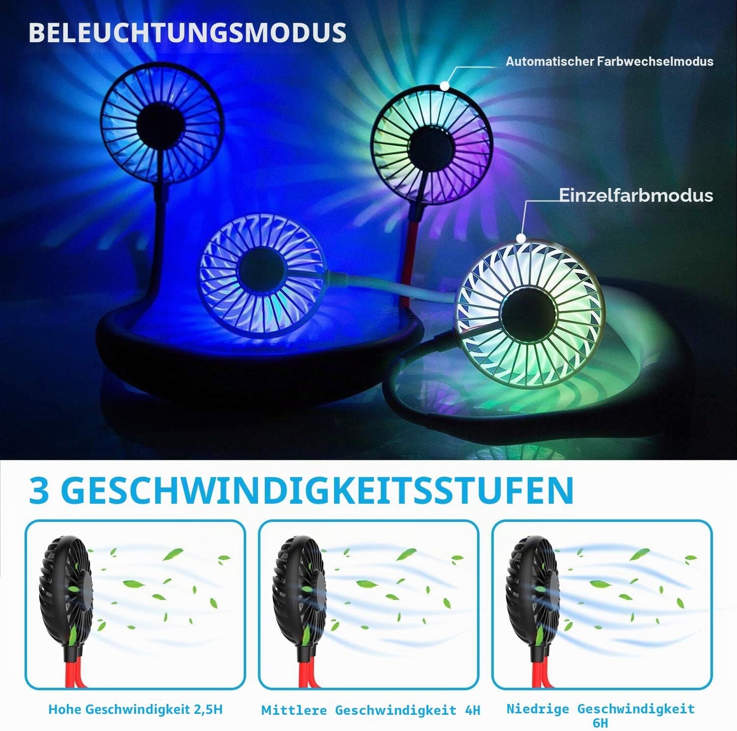 Tragbarer USB-Nackenventilator mit LED-Licht, Schwarz