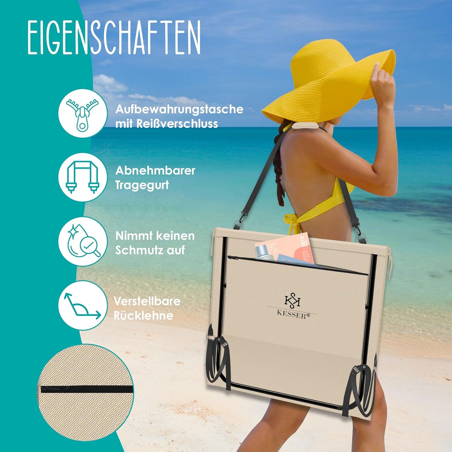Klappbare Strandmatte mit Rücklehne und Tasche, 1 Stück Beige