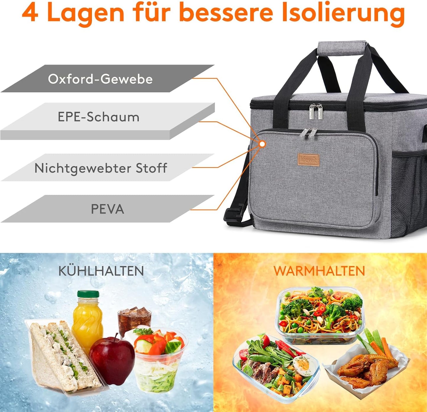 Faltbare Kühltasche für Picknick und Reise, 24L Grau