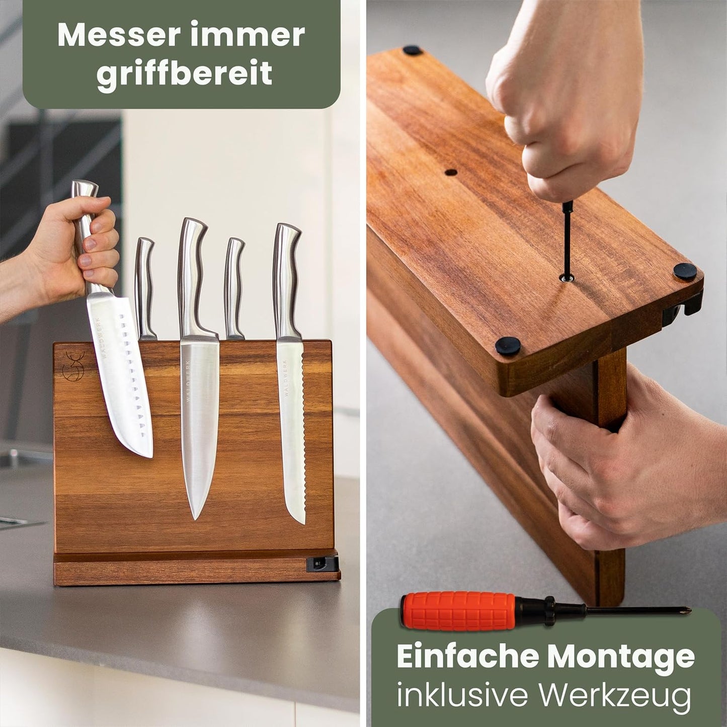 Magnetischer Messerblock, Akazienholz Messerblock Beidseitig