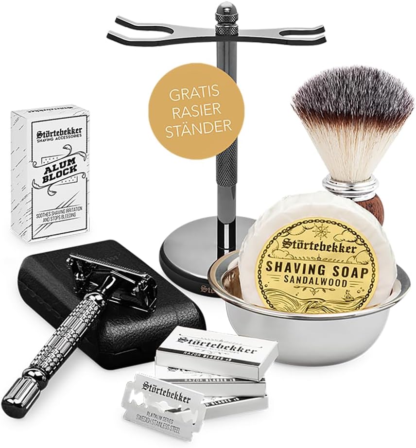 Gentleman Essential Set, Rasierhobel Schwarz - Rasierständer Schwarz