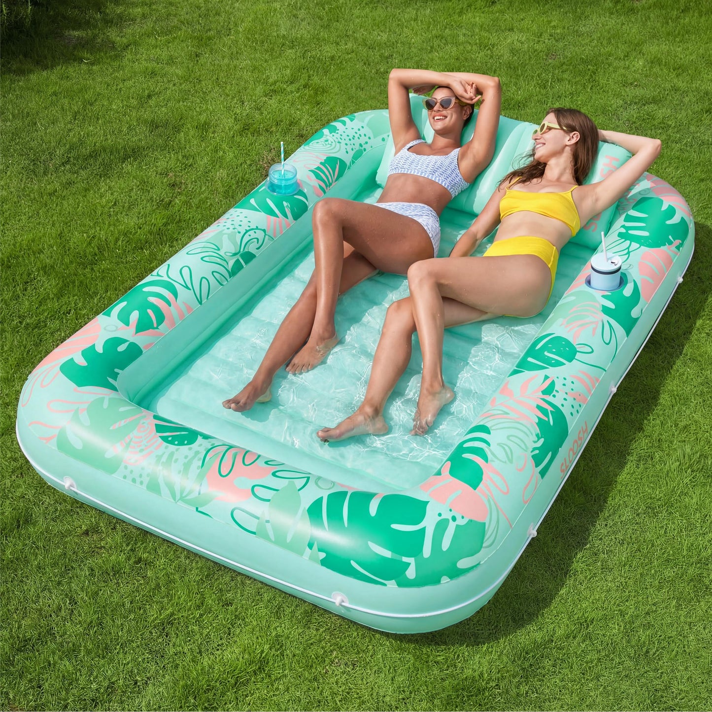 Aufblasbarer 4-in-1 Sonnenliegepool mit Kissen und Getränkehalter, Aquablau Tropisch XL