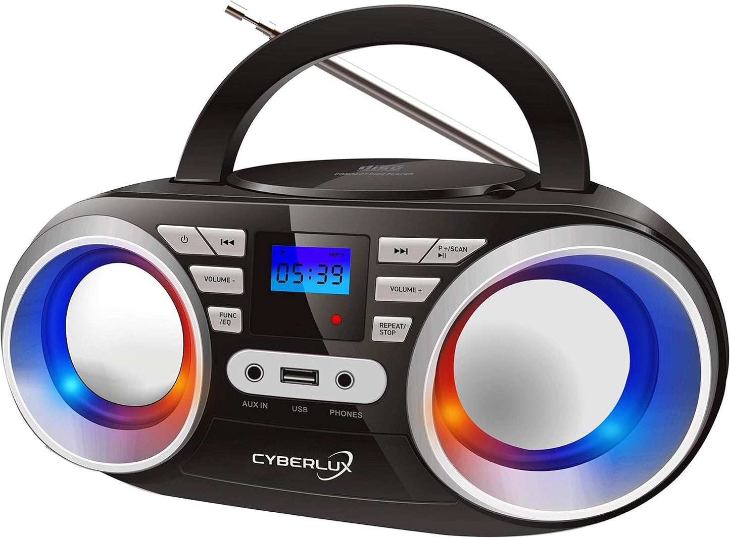 Tragbarer CD-Player mit LED-Disco-Lichtern, Schwarz / Sunny, Silver
