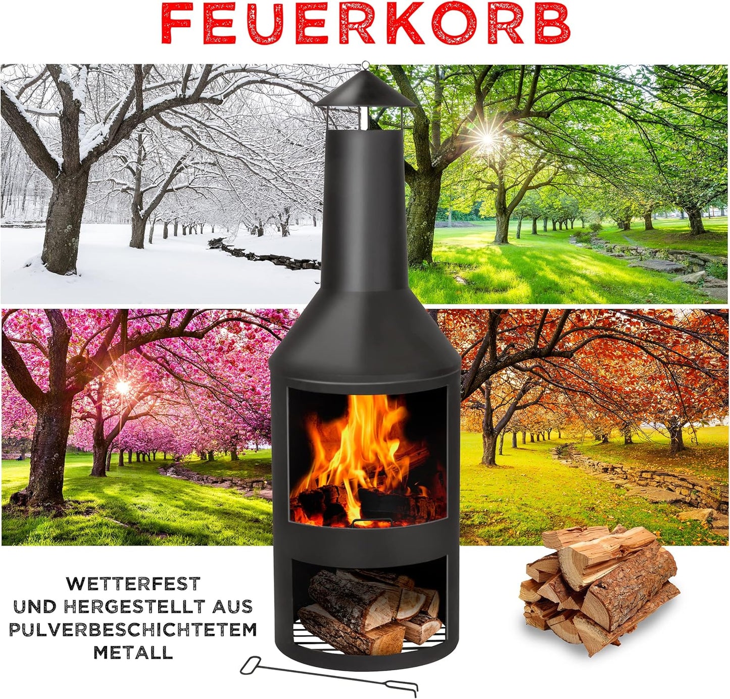 Terrassenofen mit Schornstein und Holzablage