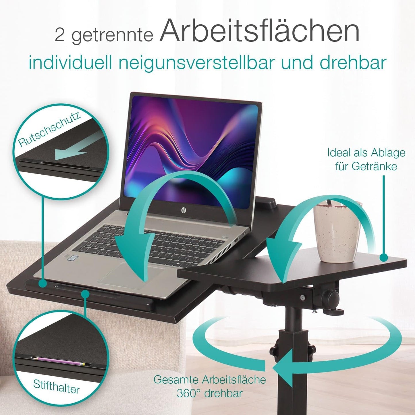Mobiler höhenverstellbarer Betttisch auf Rollen, Schwarz