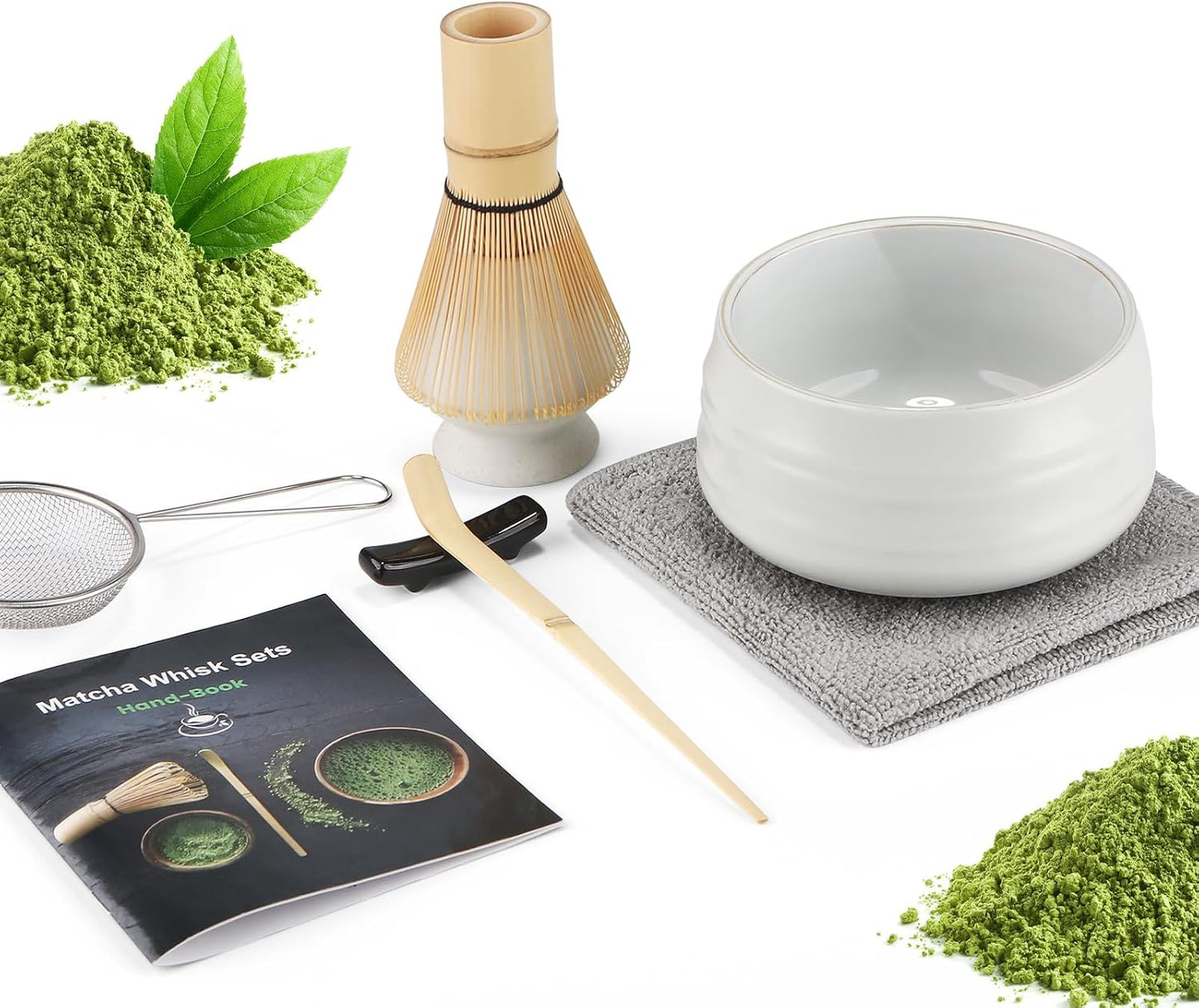 Matcha-Set (7-teilig) mit Bambusbesen und Schale, Mondlicht Weiß