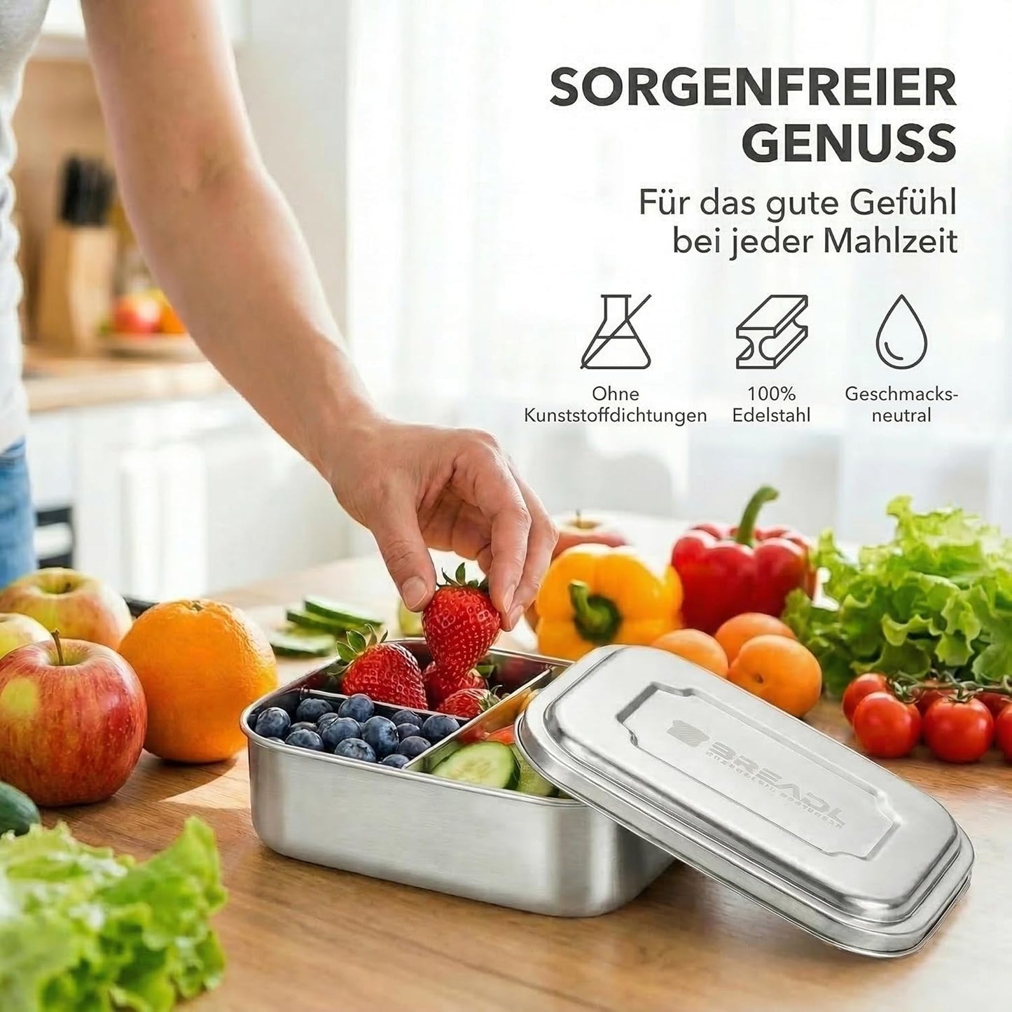 Brotdose mit 3 Fächern, spülmaschinengeeignet, 1000ml / 3 Fächer Edelstahl