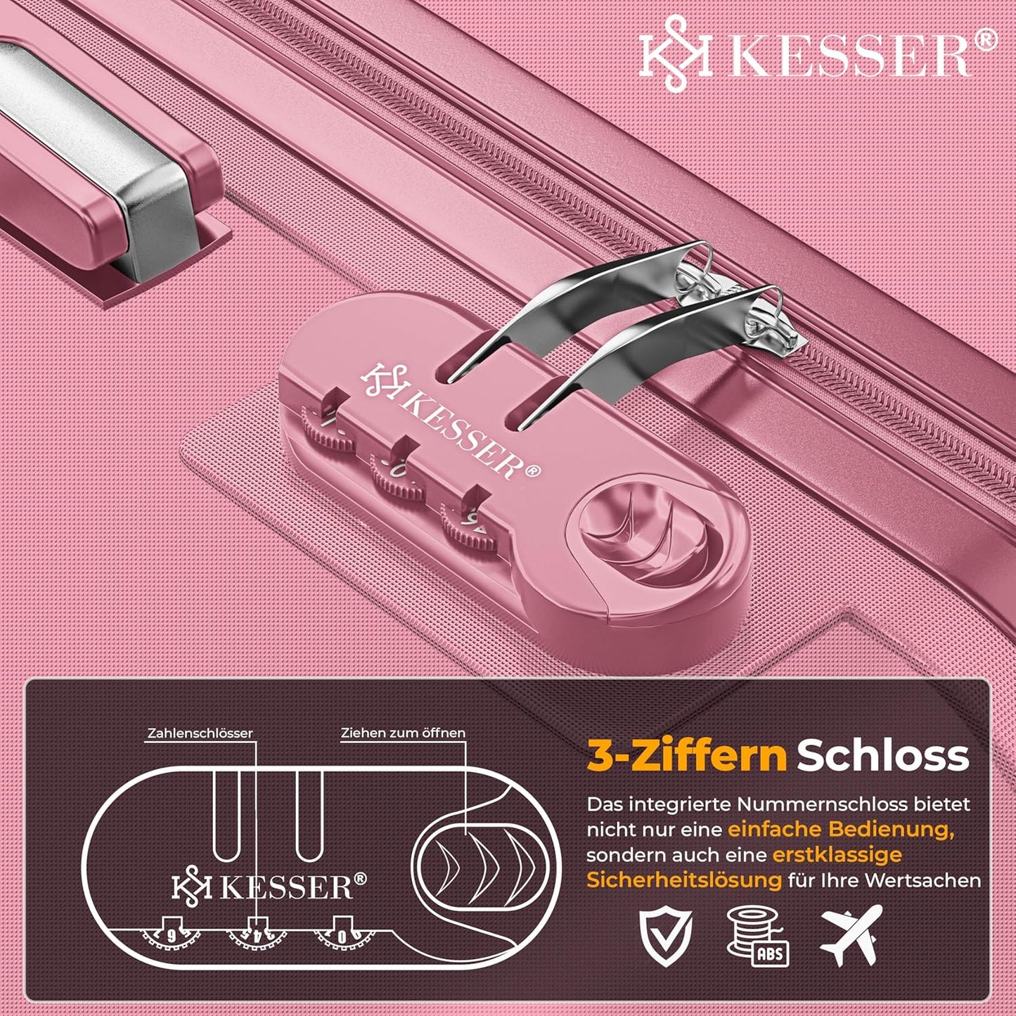 3-teiliges Hartschalenkofferset mit Schloss, Kofferwaage und Anhänger, Rosa