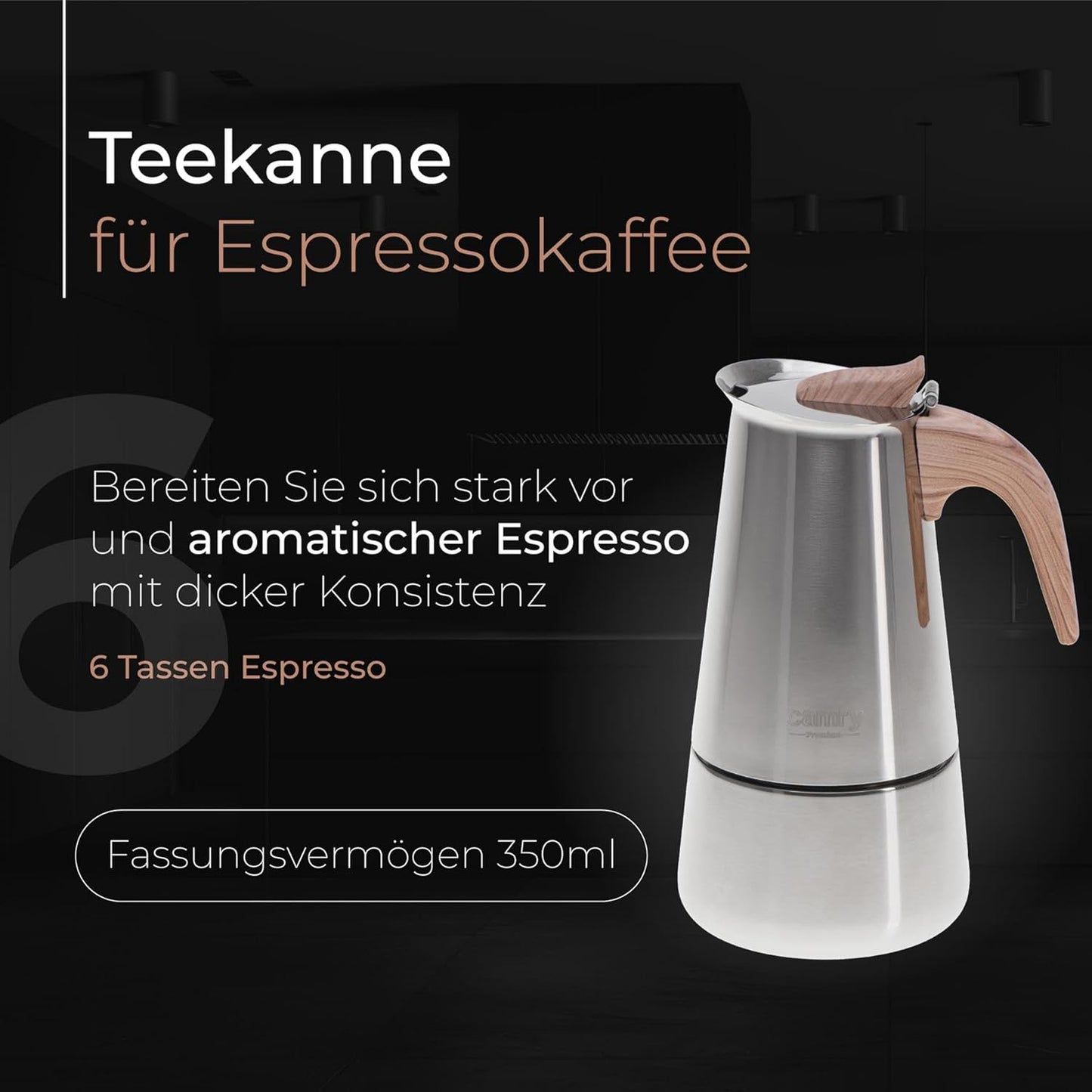 Espressokocher Induktion für 5-6 Tassen, Edelstahl, Stahl/Holz 350ml