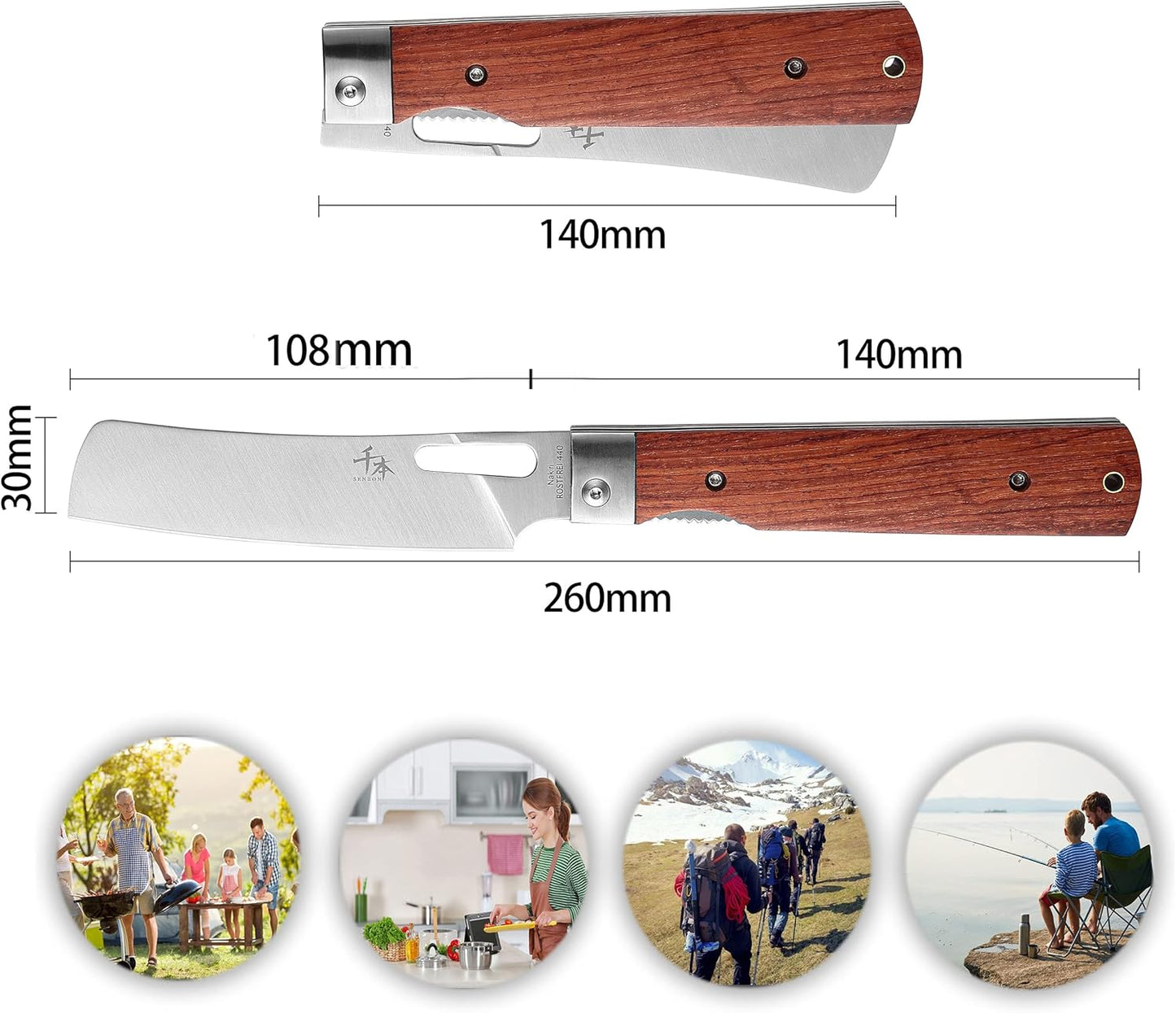 Faltbares Camping-Kochmesser, Farbe Holz Nakiri