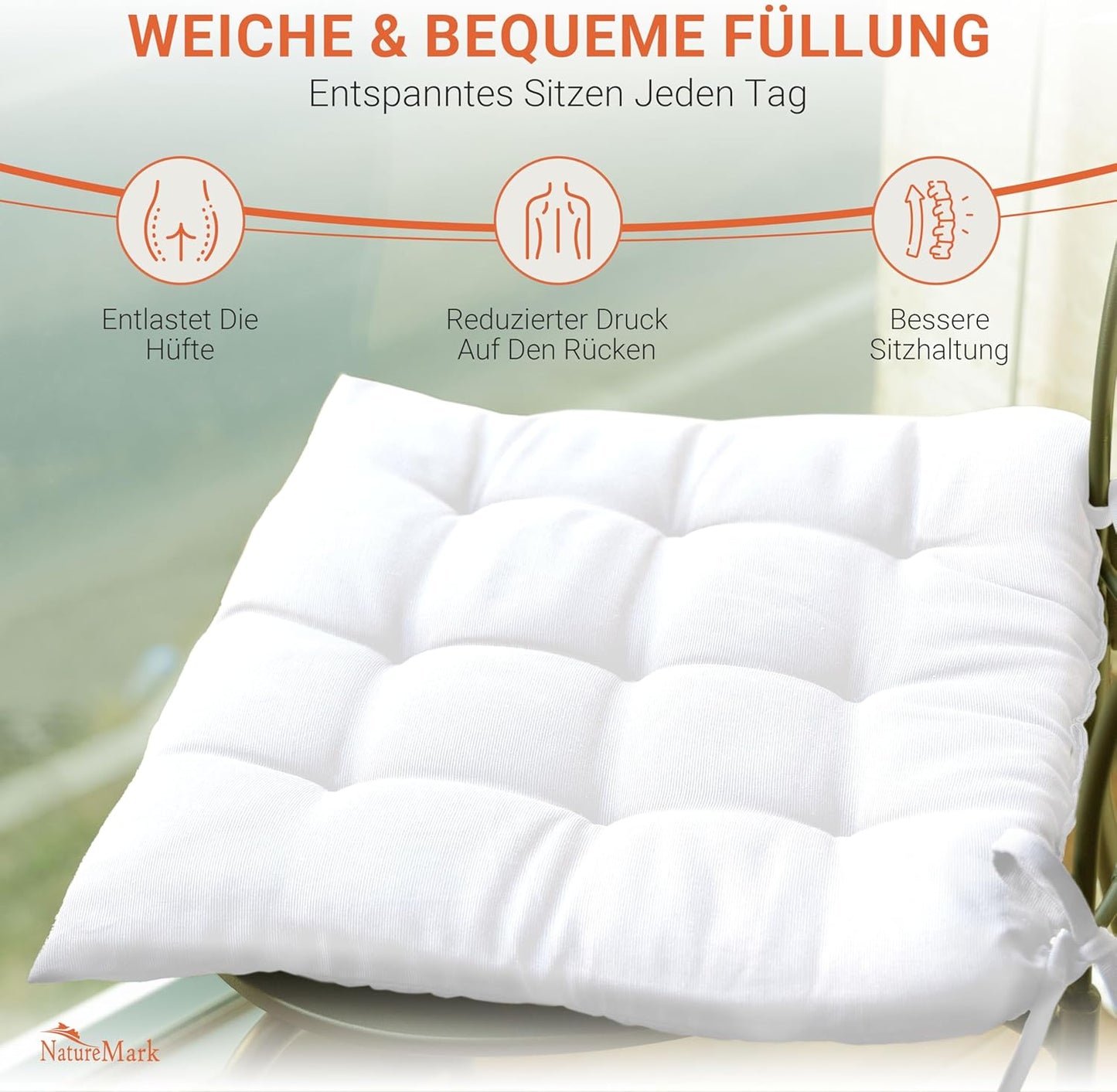 4er Set Stuhlkissen mit Bändern (40x40 cm), 4 Stück (1er Pack) Weiss