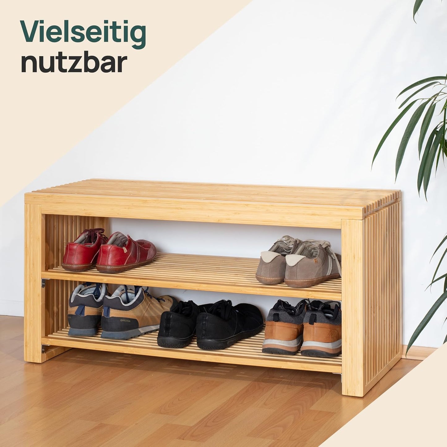Schuhbank mit Sitzbank und Schuhablage, Bambus Lang mit Schuhablage
