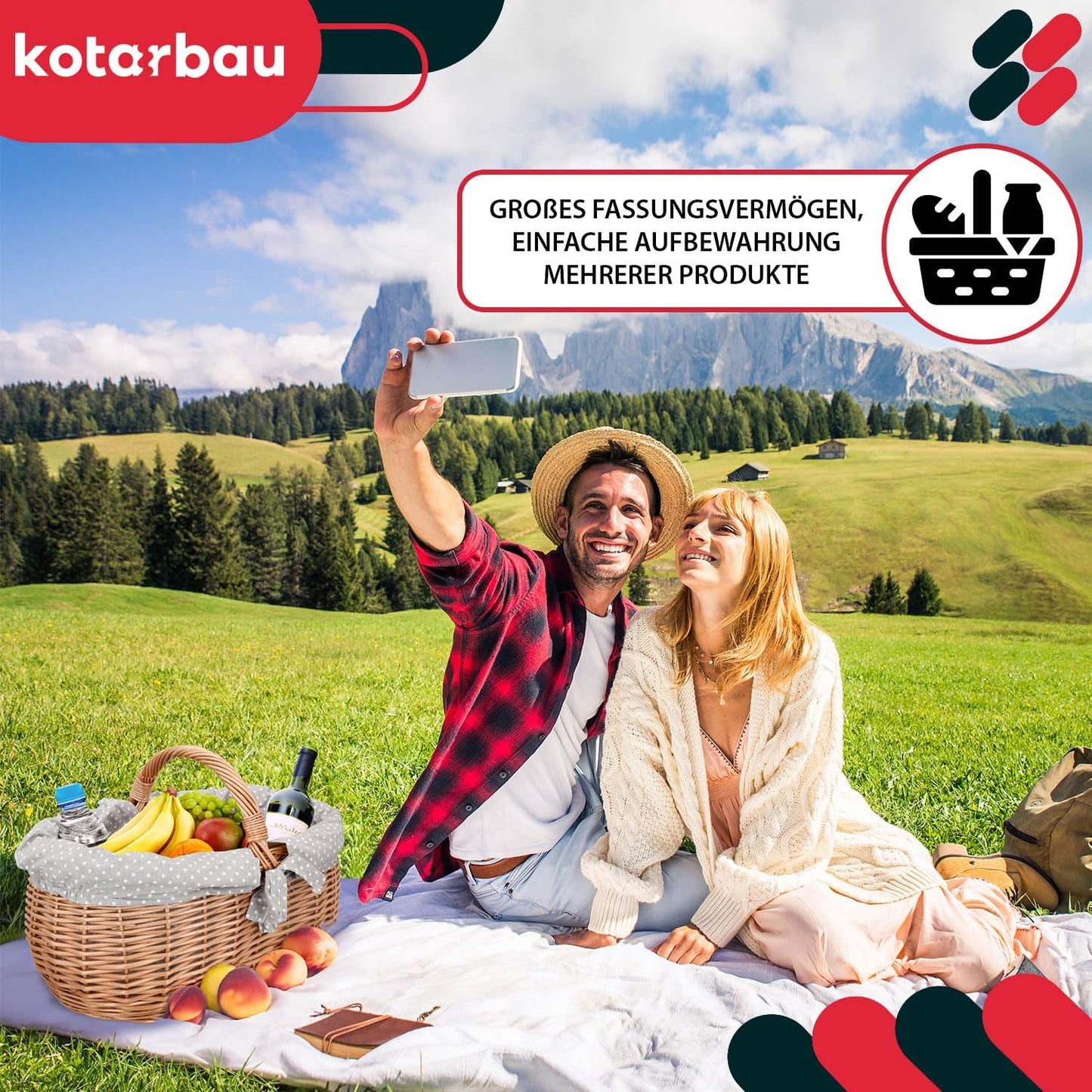Picknickkorb, Mit Grau Stoffeinsatz