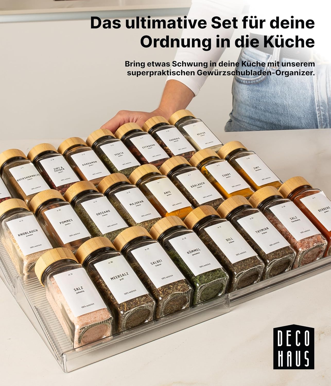 Gewürzgläser-Set mit Schubladeneinsatz, 24 Stk, ausziehbar, Transparent, Deckel Bambus